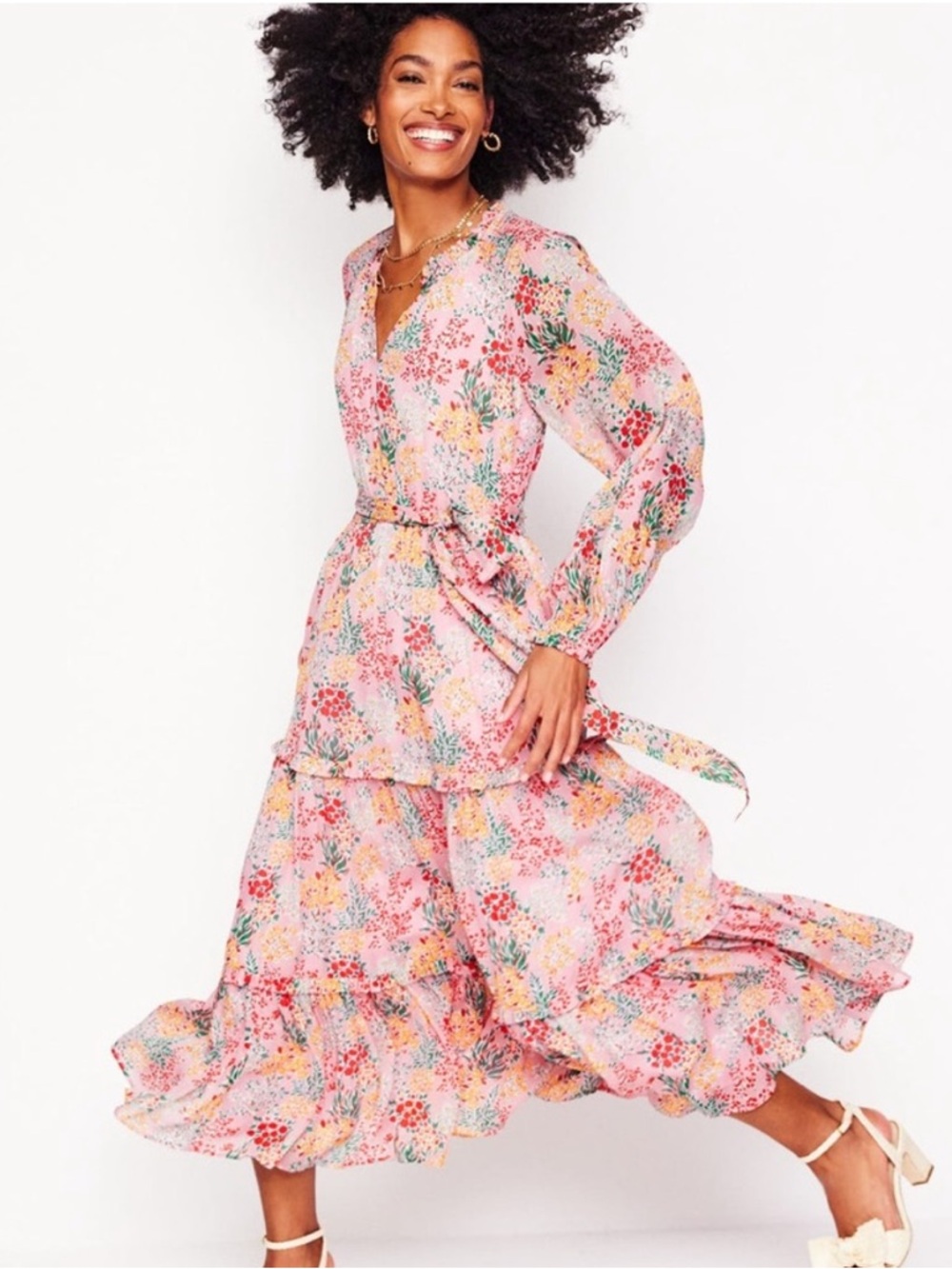 Boden Ruffle Smocked Midi Dress Pink Floral Garden Bouquet Boho Cottagecore Sz 8